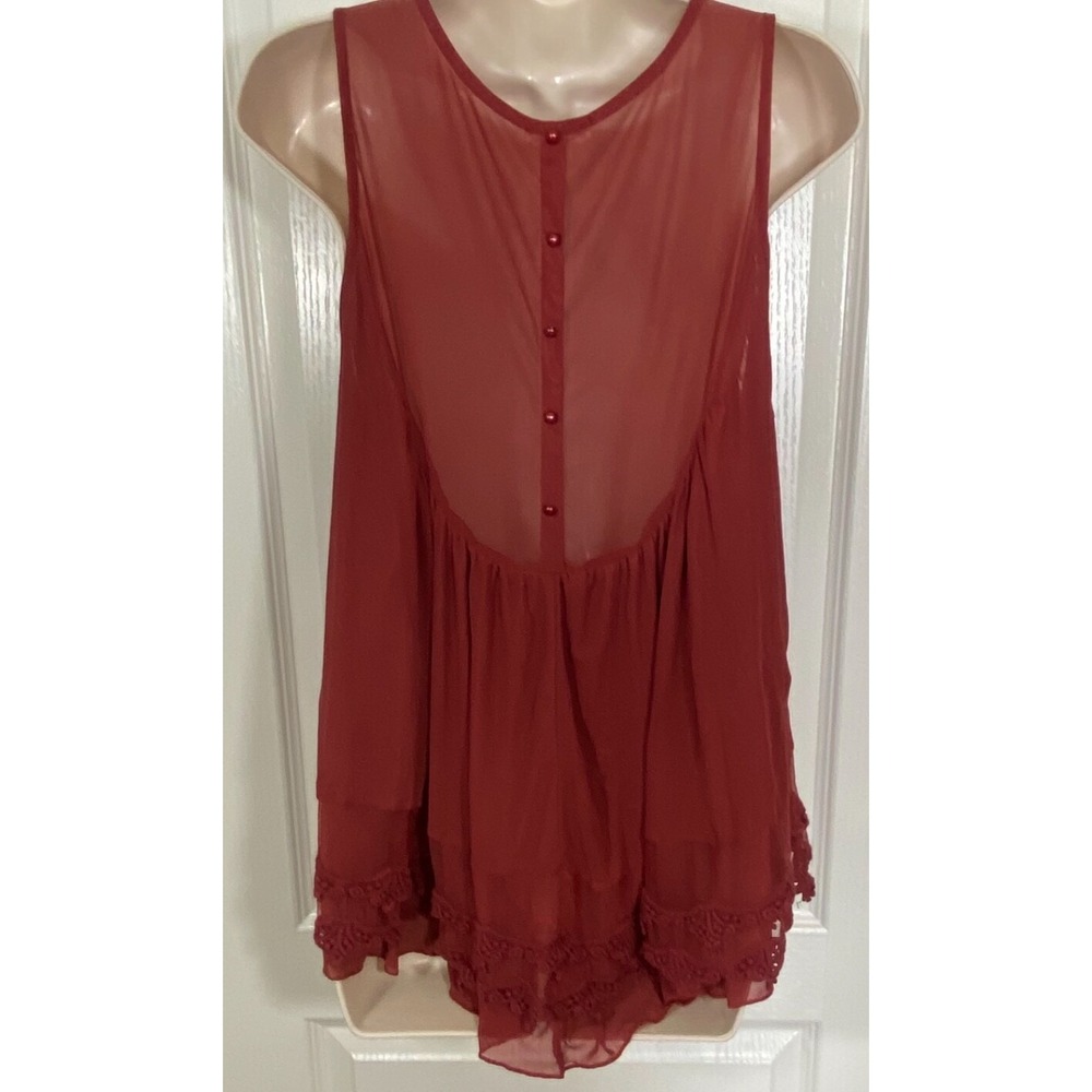 Ultra Pink Blouse L Rust Red Fairy Lace Sheer Back Romantic Festival Embroidery - Picture 2 of 14